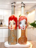 El Yapımı Kırmızı Saçlı Kadın Desenli Vintage Cam Şişe Yağdanlık Seti, Dekoratif Mutfak & Sofra Ürünü, Sosluk & Sirkelik - 1