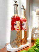 El Yapımı Kırmızı Saçlı Kadın Desenli Vintage Cam Şişe Yağdanlık Seti, Dekoratif Mutfak & Sofra Ürünü, Sosluk & Sirkelik - 3