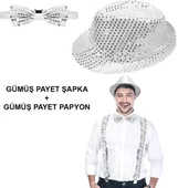 Gümüş Payetli Şapka Ve Papyon Seti – Parıltılı Yetişkin Kostüm Seti - 1