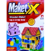 VIP MAKET BOYANABİLİR AHŞAP TAŞ EV 6 RENK AKRİLİK BOYA AHŞAP EĞİTİCİ OYUNCAK AHŞAP BOYAMA AHŞAP EV - 1