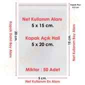 5x15+5 cm.(5x20) 50 Adet Şeffaf Bantlı Yapışkanlı OPP Poşet thumbnail 1