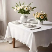 Vintage Beyaz Fırfırlı Keten Masa Örtüleri 17 Boy Seçeneğiyle - 1