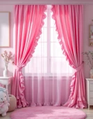 Fırfırlı Pembe Vintage Pamuk Keten Perde (En x Boy) - Tek Kanat - 1