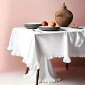 Vintage Beyaz Fırfırlı Keten Masa Örtüleri 17 Boy Seçeneğiyle - 2