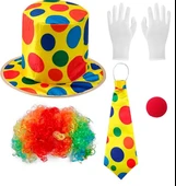 Renkli Palyaço Kostüm Seti – 5 Parça Aksesuar (Şapka, Peruk, Kravat, Eldiven, Burun) - 1