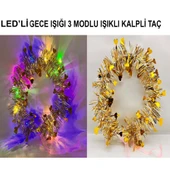 Kalp Püsküllü 3 Modlu LED Işıklı Taç Altın Renk - 1