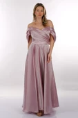 DORİDORCA Düşük Omuz Drapeli Saten Maxi Boy Kadın Abiye 2246101 thumbnail 3