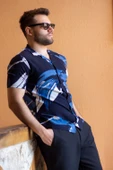 Erkek Mavi Beyaz Desen Esnek Bürümcük Regular Fit Kısa Kol Gömlek 25EGMLGIMM - 3