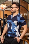 Erkek Mavi Beyaz Desen Esnek Bürümcük Regular Fit Kısa Kol Gömlek 25EGMLGIMM - 1