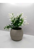 DDPEST Bej Saksı Yeşil Beyaz Yapay Bitki Garnitür Taş Yosunlu 17 Cm Dekoratif Masa Çiçeği No:1-DS - 1