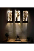 DDTREND Peri Led Li Pilli Ağaç Kedi Kuş Desenli Hediyelik Ahşap Tablo, 18x36 Cm 3 Lü Set Gece Lambası - 1