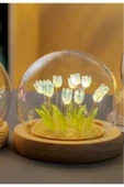 Dekoratif Hediye 10 Ledli Mavi Laleler Cam Küre Gece ve Masa Lambası Cam Küre Yeni Nesil El Yapımı - 2
