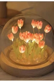 Dekoratif Hediye 10 Ledli Pembe Laleler Cam Küre Gece ve Masa Lambası Cam Küre Yeni Nesil El Yapımı - 2