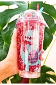 450 ML Çift Katman Kırmızı Mika Dinozor Suluk Pipetli Buzlu Cam Görünümlü Led Işıklı 2097 - 3
