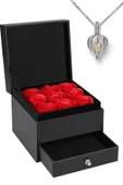Güllü Çiçekli Takı Kolye Kutusu Gül İstiridye İnci Kolyeli Sevgiliye Hediye Aşk Kırmızı Gül Kutusu - 3