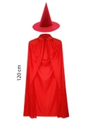 Yetişkin Boy 120 cm Kırmızı Yakalı Pelerin ve Kırmızı Cadı Şapkası - 1