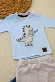 3-6 6-9 9-12 Ay Minik Dino Nakışlı Şapkalı Uzun Kollu Sweat 3lü Kız-erkek Bebek Takımı Mavi - 2