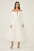 Açık Omuz Kollu Eteği Tül Midi AbiyeElbise 25Y6844 Alfa Beta thumbnail 4
