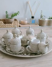 Osmanlı Motifli Kahve Fincan Takımı 6 lı - Beyaz Taşlı - 4