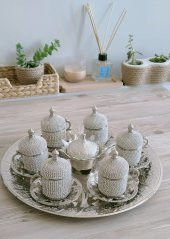 Osmanlı Motifli Kahve Fincan Takımı 6 lı - Beyaz Taşlı - 5
