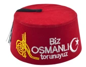 Biz Osmanlı Torunuyuz Yazılı Püsküllü Kırmızı Erkek Fesi 9cm Kısa - 1