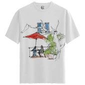 Cafe Sketch - %100 Pamuklu Kadın Beyaz Tişört - Premium Quality - 1
