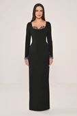 Alfa Beta Göğüs ve Kolu işlemeli Dar Kesim Krep Uzun Abiye Elbise thumbnail 1