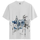 Blue Cityscape - %100 Pamuklu Kadın Beyaz Tişört - Premium Quality thumbnail 1