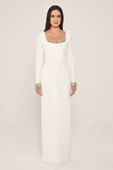 Alfa Beta Göğüs ve Kolu işlemeli Dar Kesim Krep Uzun Abiye Elbise thumbnail 5