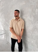Yakalı Patlı Kısa Kol T-shirt - Bej - 3