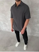 Yakalı Patlı Kısa Kol T-shirt - Antrasit - 2
