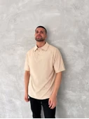 Yakalı Patlı Kısa Kol T-shirt - Bej - 1