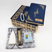 Kuran + Seccade + Tesbih + Takke + Misvak + Esans Hediye Seti (Orta Boy, Raşel Kare Kutu, Lacivert) thumbnail 4