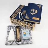 Kuran + Seccade + Tesbih + Takke + Misvak + Esans Hediye Seti (Orta Boy, Raşel Kare Kutu, Lacivert) thumbnail 6