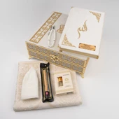 Kuran + Seccade + Tesbih + Takke + Misvak + Esans Hediye Seti (Orta Boy, Raşel Kare Kutu, Krem) - 4