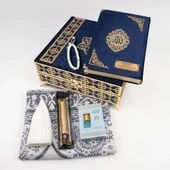 Kuran + Seccade + Tesbih + Takke + Misvak + Esans Hediye Seti (Orta Boy, Raşel Kare Kutu, Lacivert) thumbnail 5