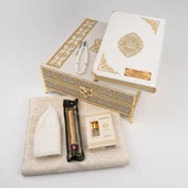 Kuran + Seccade + Tesbih + Takke + Misvak + Esans Hediye Seti (Orta Boy, Raşel Kare Kutu, Krem) - 5