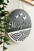 Hoşgeldiniz Yazılı Kapı Süsü - Siyah  Beyaz MDF Geometrik Şekil ve Kelebek Süslemeli 25 cm - 3