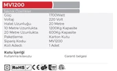 MyTOL MV1200 - Bakır Sargı Elektrikli Yük Kaldırma Vinçi 600-1200 KG - 2