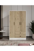 CABİNSE Cabinse %100 MDF ELBİSE DOLABI 3 Kapaklı 2 Çekmeceli 7 Raflı GARDIROP - Meşe ve Beyaz - 2