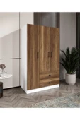 CABİNSE %100 MDF ELBİSE DOLABI 3 Kapaklı 2 Çekmeceli 7 Raflı GARDIROP -LEFKAS MEŞE- BEYAZ/BAROK CEVİZ BEYAZ - 1
