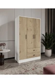CABİNSE Cabinse %100 MDF ELBİSE DOLABI 3 Kapaklı 2 Çekmeceli 7 Raflı GARDIROP - Meşe ve Beyaz - 1