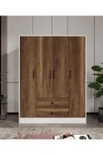 CABİNSE Cabinse %100 MDF 4 Kapaklı 2 Çekmeceli 12 Raflı Elbise Dolabı K. Ceviz Soft Beyaz - 3