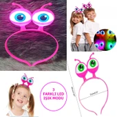 Led Işıklı Pilli 3 Farklı Modda Yanan Uzaylı Göz Parti Tacı Pembe Renk 18x12 cm - 1