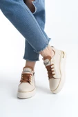 DINA Krem Taba Bağcıklı Fermuarlı Ortopedik Taban Kadın Sneaker Spor Ayakkabı - 3