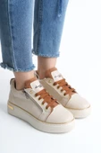 DINA Krem Taba Bağcıklı Fermuarlı Ortopedik Taban Kadın Sneaker Spor Ayakkabı - 1