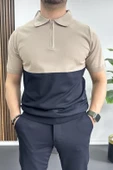 Erkek Renk Bloklu Polo Yaka Yarım Fermuarlı Tişört Vizon Edw234 thumbnail 1