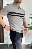 Erkek Açık Yaka Çizgli Tişört Gri Edw236 thumbnail 3
