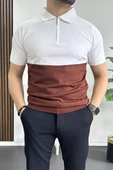 Erkek Renk Bloklu Polo Yaka Yarım Fermuarlı Tişört Kiremit Edw234 thumbnail 1