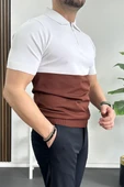Erkek Renk Bloklu Polo Yaka Yarım Fermuarlı Tişört Kiremit Edw234 thumbnail 3